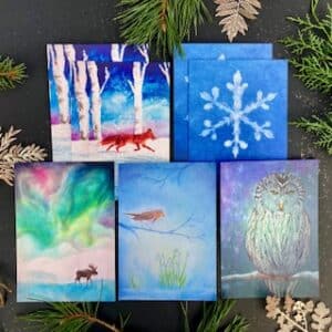 Setje van 10 ansichtkaarten 'in de sneeuw'